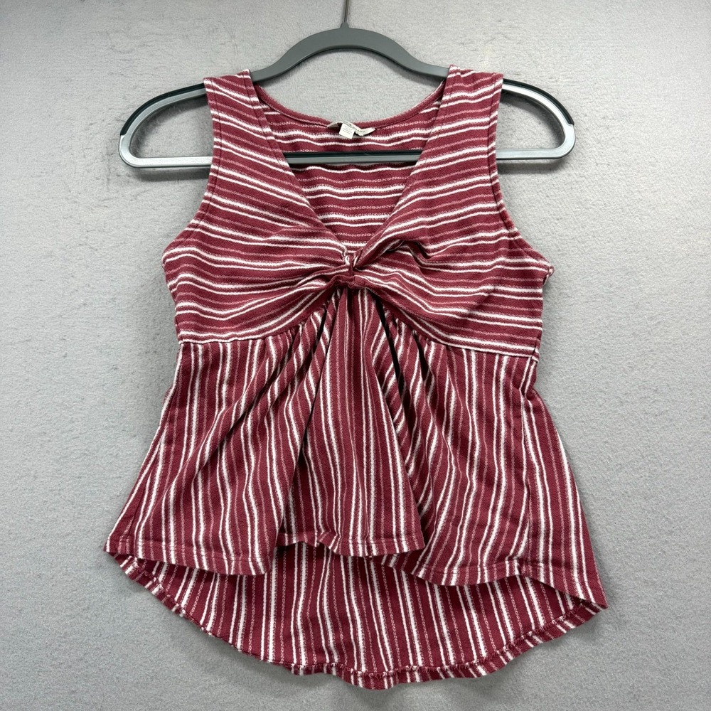 Lucky Brand Tank Top Women Small Maroon White Striped Pleated Twist Front V-Neck